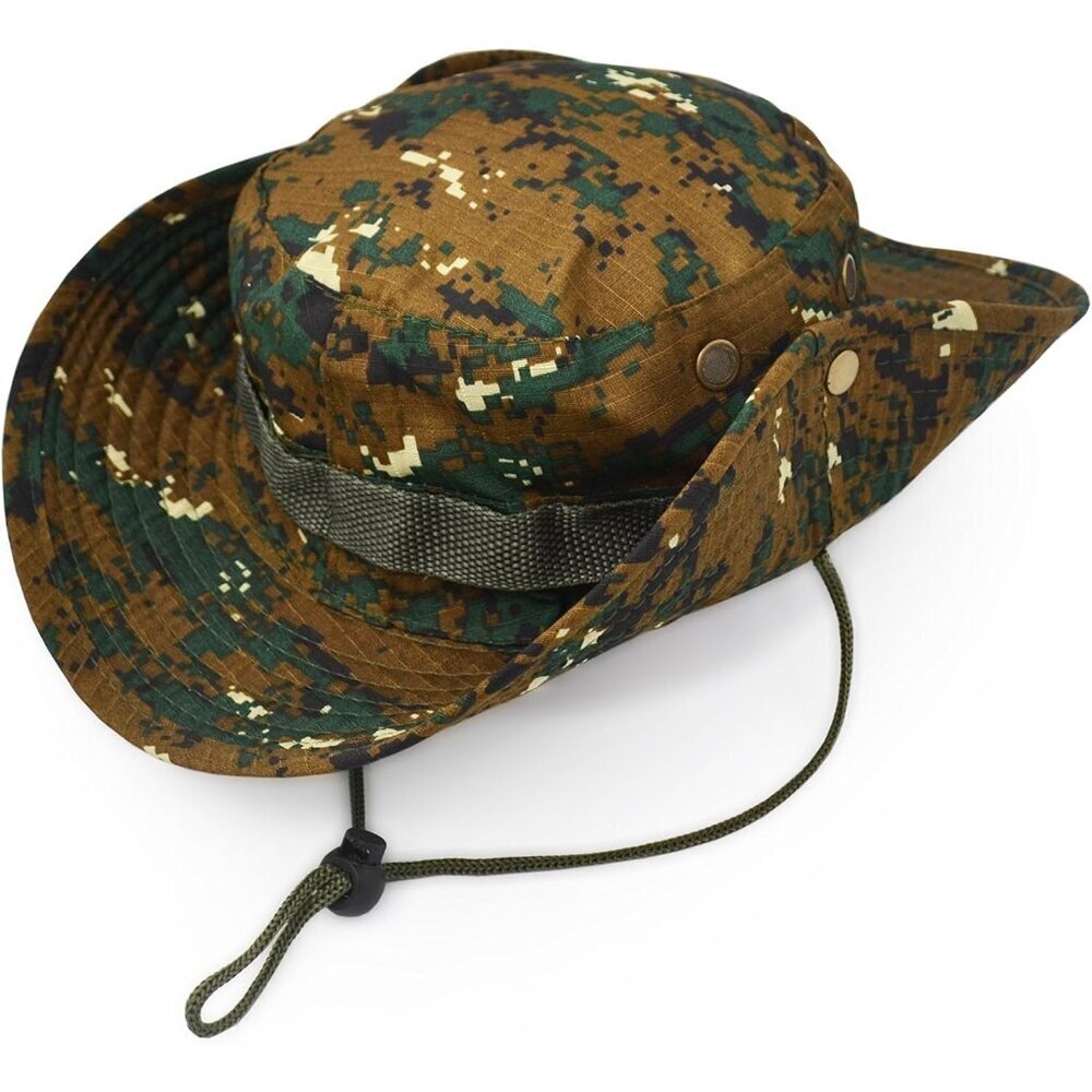 Unisex Woodland Camouflage 100% Polyester Wide Brim Boonie Chin Strap Bush Hat